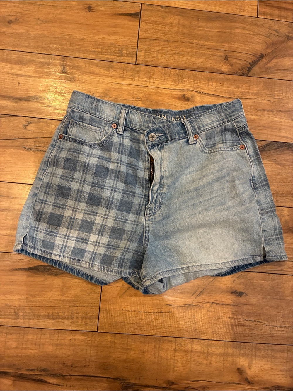 American Eagle Outfitters Light Blue Plaid Patch High Waist Denim Shorts
